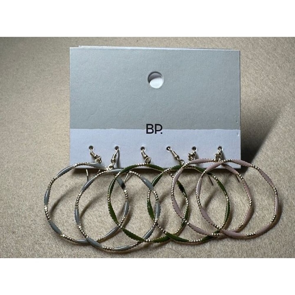 BP. 3-Pair Enamel Hoop Earrings Set Gray Green Pink Gold Tone NWT New Boho